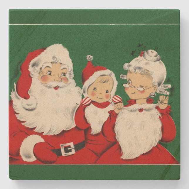 Vintage Santa Family Christmas Stone Coaster (Front)