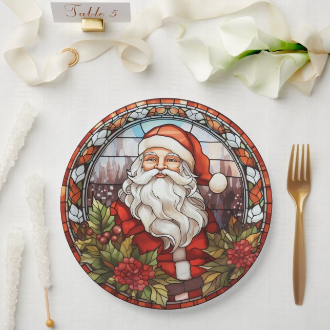 Vintage Santa Faux Stained Glass Holiday Paper Plate (Wedding)