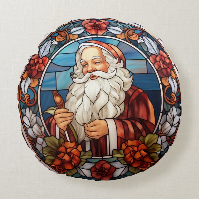 Vintage Santa Faux Stained Glass Holiday Round Cushion (Front)