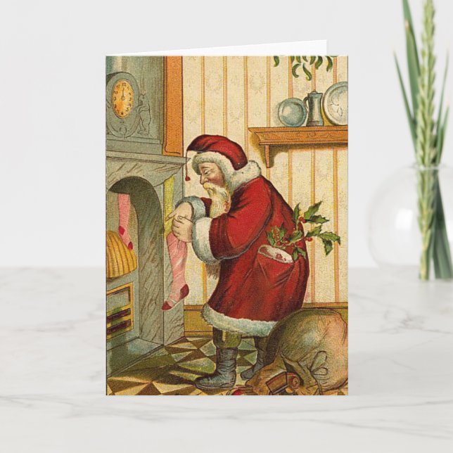 Vintage Santa Filling Stocking Holiday Card (Front)