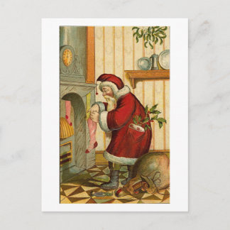 Vintage Santa Filling Stocking Holiday Postcard