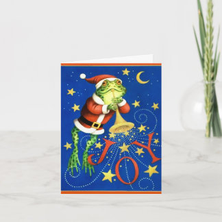 Vintage santa frog with trumpet greeting card