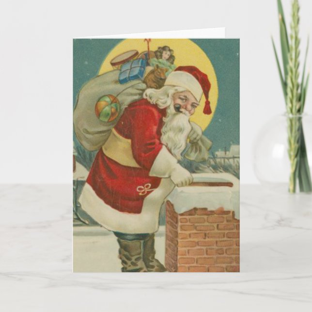 Vintage Santa going down Chimney Holiday Card (Front)