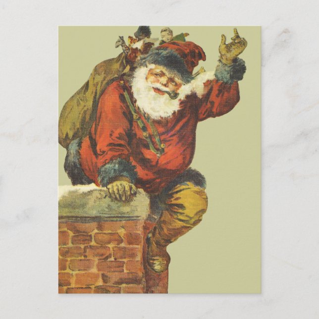 Vintage Santa Going Down Chimney Holiday Postcard (Front)