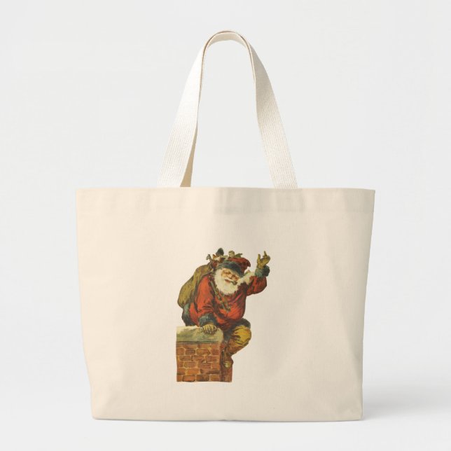 Vintage Santa Going Down Chimney Large Tote Bag (Front)