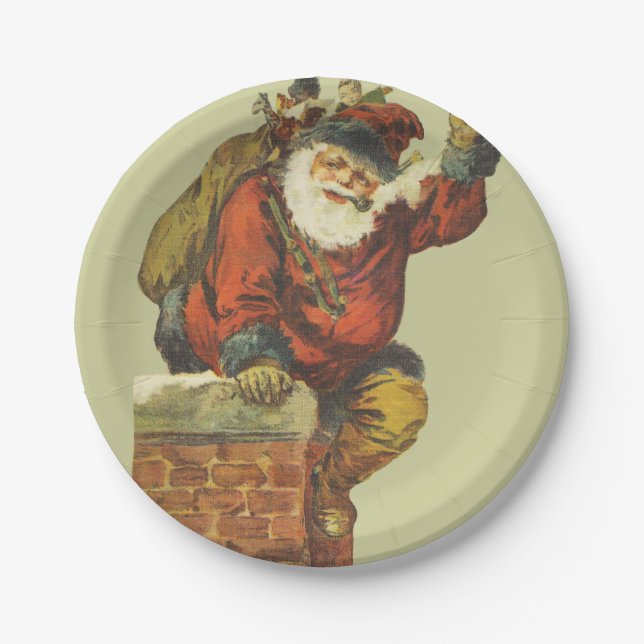 Vintage Santa Going Down Chimney Paper Plate (Front)