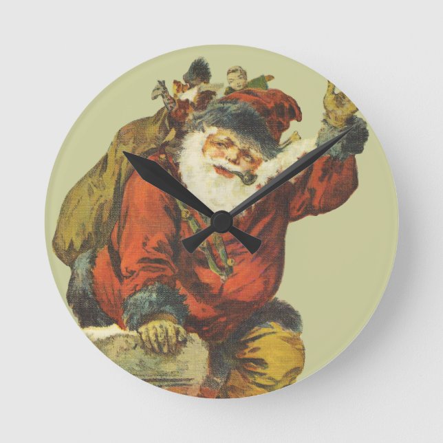 Vintage Santa Going Down Chimney Round Clock (Front)