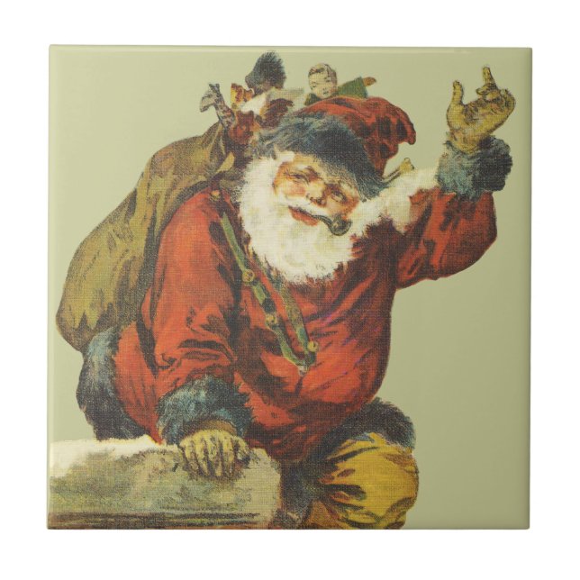 Vintage Santa Going Down Chimney Tile (Front)