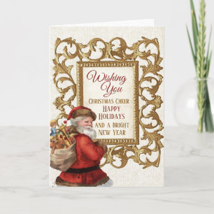 Vintage Santa Gold Frame Merry Christmas New Year  Holiday Card