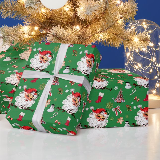 Vintage Santa Green Christmas Theme Wrapping Paper (Holidays)