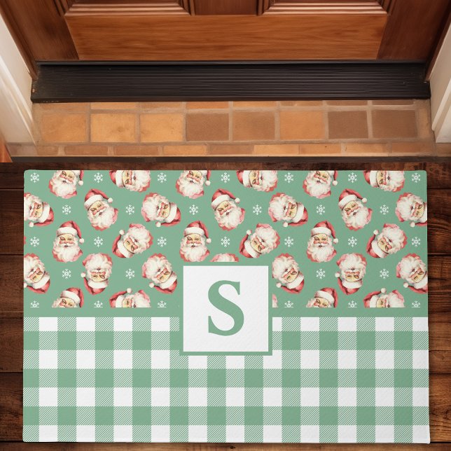 Vintage Santa Green Gingham Monogrammed Christmas Doormat (Creator Uploaded)