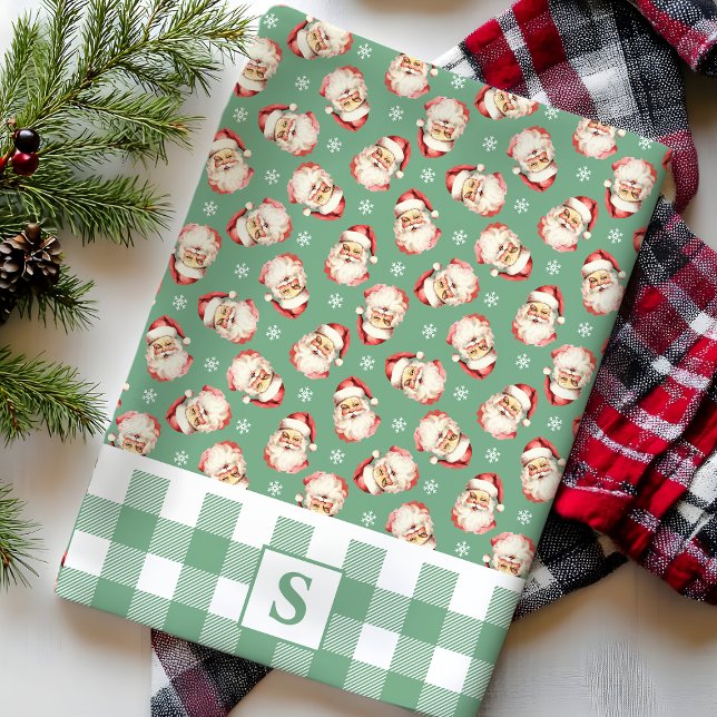Vintage Santa Green Gingham Monogrammed Christmas Tea Towel (Creator Uploaded)