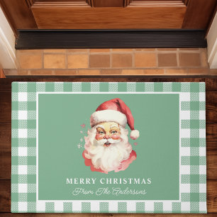 Vintage Santa Green Gingham Personalised Christmas Doormat