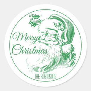 Vintage Santa Green Merry Christmas Rustic Classic Round Sticker