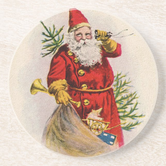 Vintage Santa Greeting Card Print Coaster (Front)