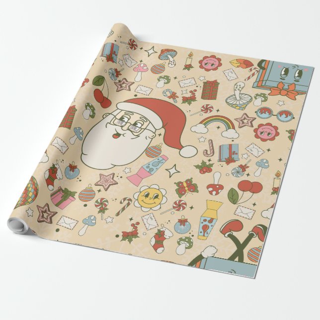 vintage santa hippie groovy christmas wrapping paper (Unrolled)