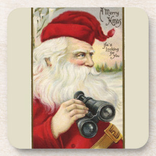 Vintage Santa Holding Binoculars Coaster