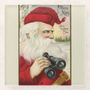 Vintage Santa Holding Binoculars Glass Coaster