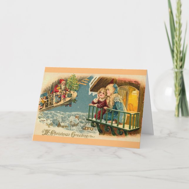 Vintage Santa In Aeroplane Air Balloon Holiday Card (Front)