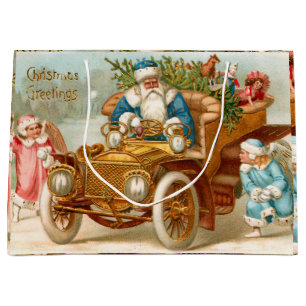 Vintage Santa in Gold Car and Christmas Angels Large Gift Bag