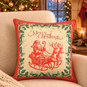 Vintage Santa in Sleigh on Red Cushion