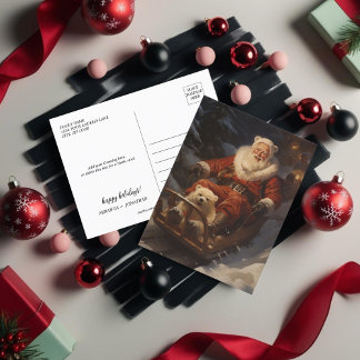 Vintage Santa in snow and cute white bear Holiday Postcard