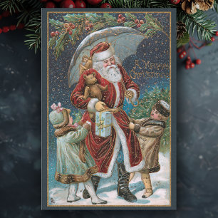 Vintage Santa in Snow with Children & Umbrella Tissue Paper