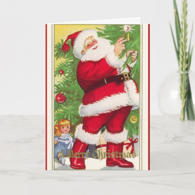 Vintage Santa Lighting Tree Christmas Card (Front)