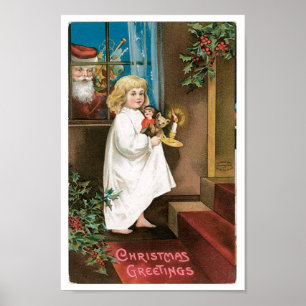 Vintage Santa looking in window at girl Poster