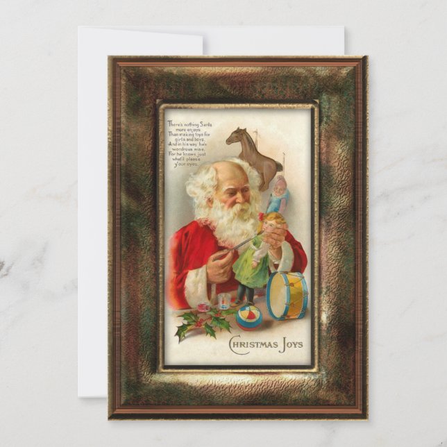 Vintage Santa Making Toys with Verse Holiday Card (Front)