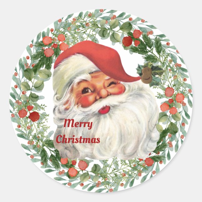 Vintage santa merry christmas  classic round sticker (Front)