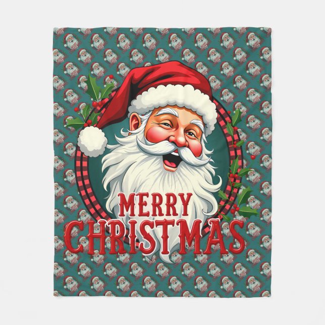 Vintage Santa Merry Christmas Illustration Patten Fleece Blanket (Front)