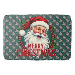 Vintage Santa Merry Christmas Illustration Pattern Bath Mat