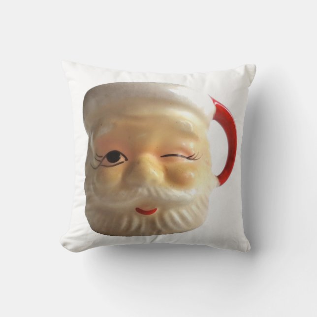 Vintage Santa Mug Christmas Throw Pillow (Winking) (Front)