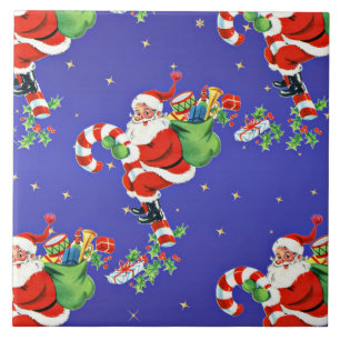 Vintage Santa on a Candy Cane Illustration Tile