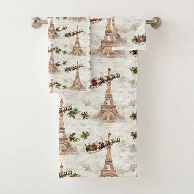 Vintage Santa over Paris Christmas Bath Towel Set (Insitu)