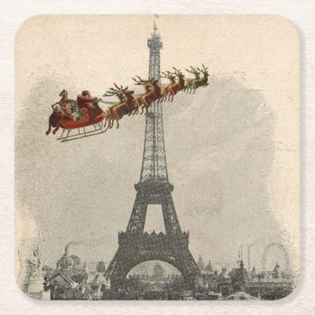 Vintage Santa over Paris Christmas Coaster (Front)