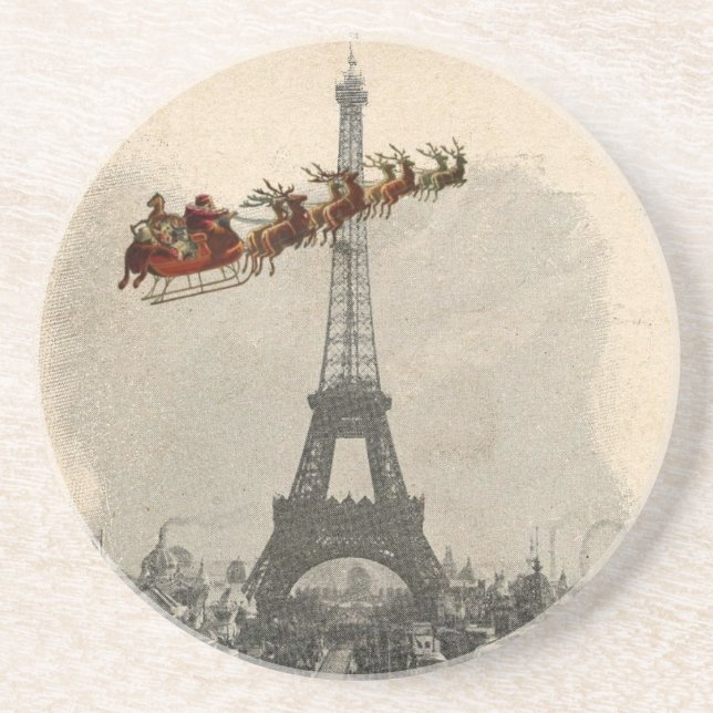 Vintage Santa over Paris Christmas Coaster (Front)