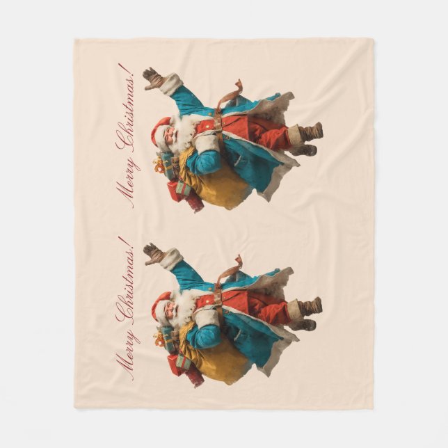 Vintage Santa Personalised Christmas Design Fleece Blanket (Front)