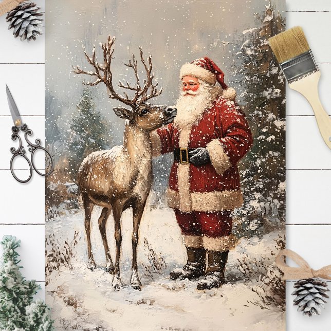 Vintage Santa Petting A Reindeer Decoupage Tissue Paper (Creator Uploaded)