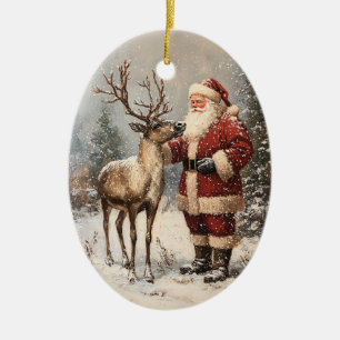 Vintage Santa Petting A Reindeer Painting Ceramic Tree Decoration