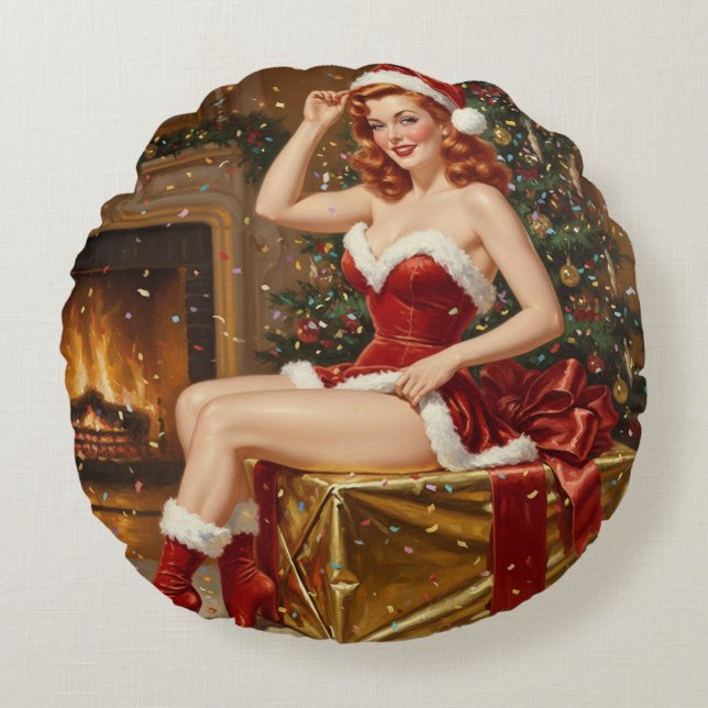 Vintage Santa Pin-up Art Round Cushion (Front)