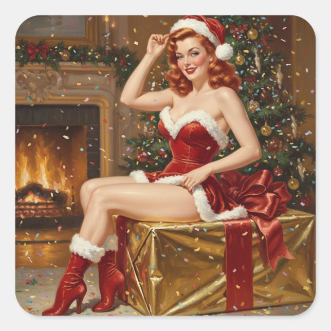Vintage Santa Pin-up Art Square Sticker (Front)