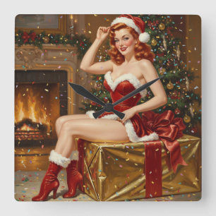 Vintage Santa Pin-up Art Square Wall Clock