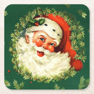 Vintage Santa, pine wreath, holly Christmas Square Paper Coaster