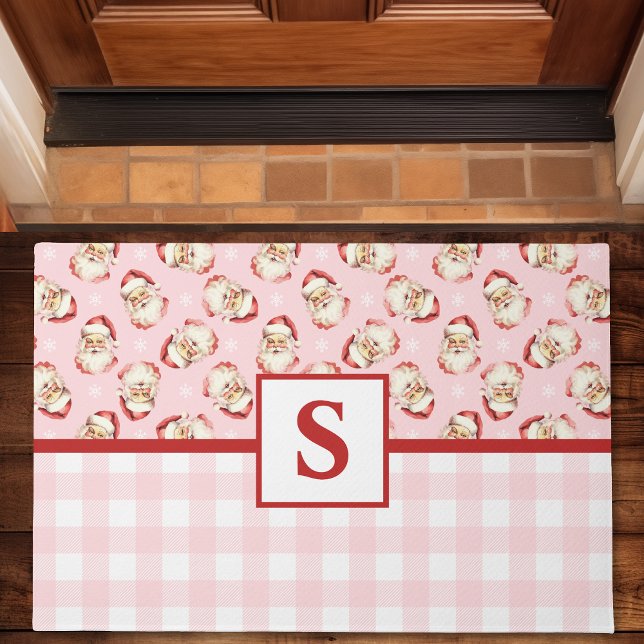 Vintage Santa Pink Gingham Monogrammed Christmas Doormat (Creator Uploaded)