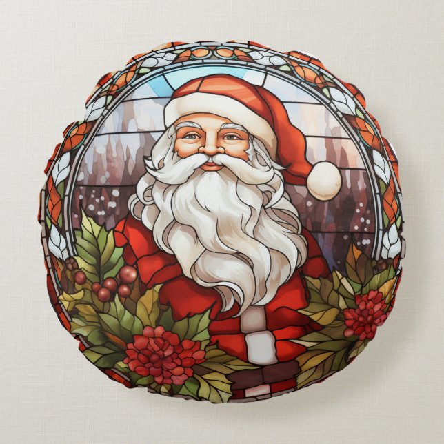 Vintage Santa Poinsettia Stained Glass Holiday Round Cushion (Front)