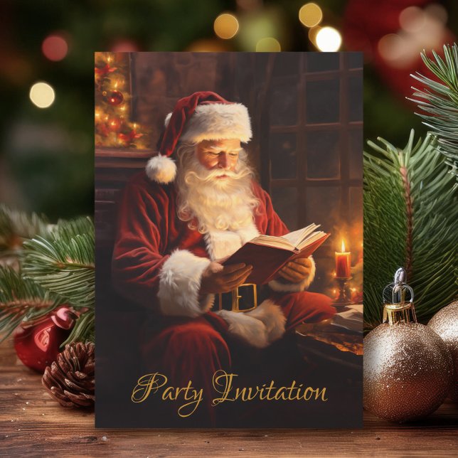Vintage Santa Reading a Book Christmas Party Invitation (Creator Uploaded)