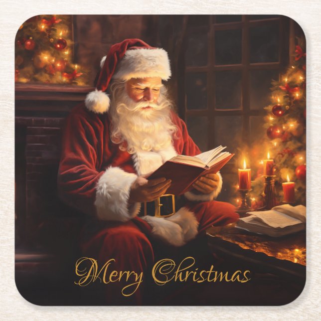 Vintage Santa Reading a Book Square Paper Coaster (Front)