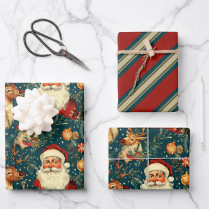 "Vintage Santa & Reindeer Christmas Wrapping Paper Sheet